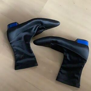 Gia Couture Black Stretch Short Boots with Blue Block Heels
